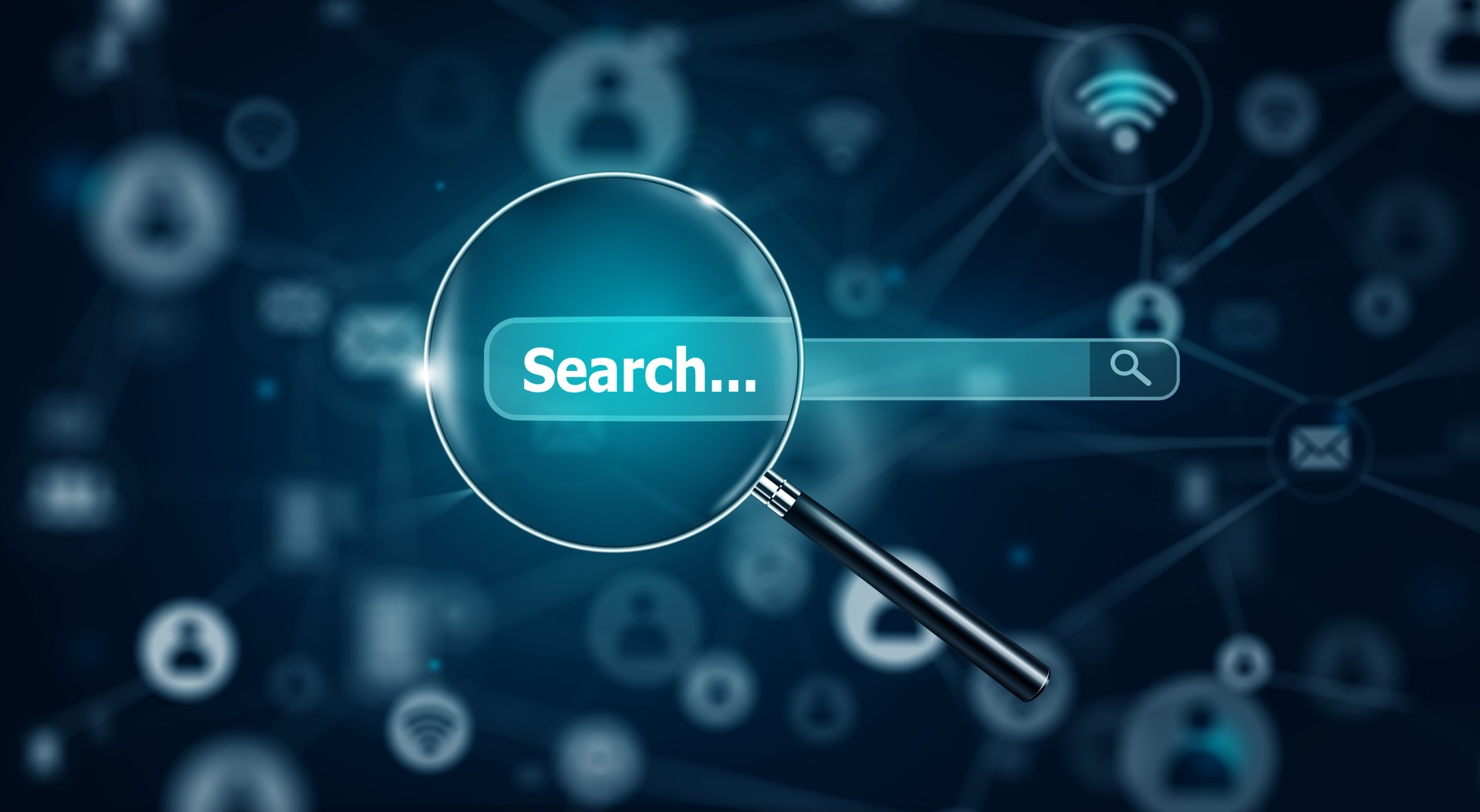 Search Engine Optimisation - SEO - with Magnifying glass on Network and Social Media